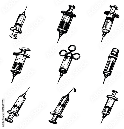 Hand drawn line art syringe set featuring various medical injection devices for healthcare and vaccination concepts