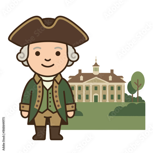 Historical figure standing in colonial attire with a grand estate in the background, vector art