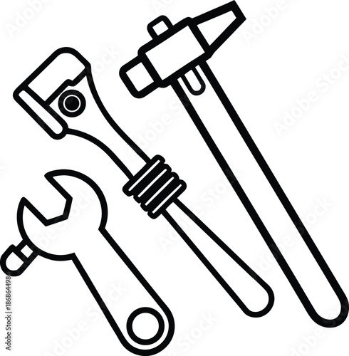  Plumbing tools collection with pipe wrench line art illustration