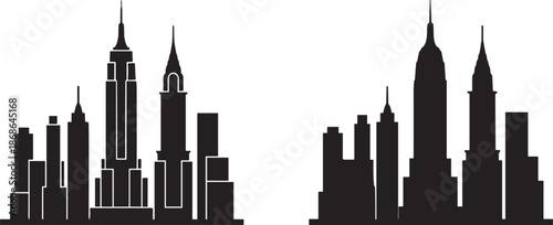 PrintVector set of New York City skyline silhouettes, featuring detailed white outlines and solid black shapes, isolated on white background.