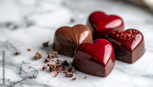 Luxury heart-shaped chocolate pralines, glossy finish, deep red and brown tones, marble surface, soft studio lighting, shallow depth of field, premium food photography, copy space
