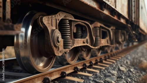 Close-up shot of rusted train wheels on tracks, conveying age, industry, and travel