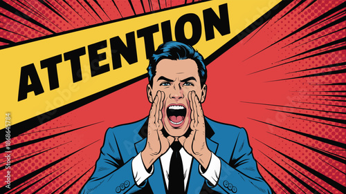 A retro pop art illustration shows a man in a business suit yelling with intensity under a banner