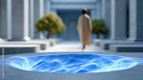 Futuristic space with bright water. A person walks towards a glowing blue pool in a modern setting with tall columns and trees.