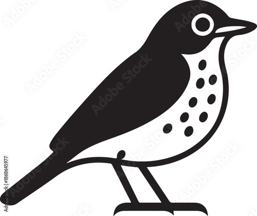 Minimalist black and white vector illustration of a songbird with spotted breast, isolated on light grey background.