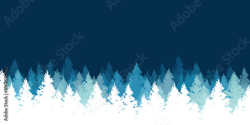 A serene winter forest landscape with snow covered pine trees under a dark blue sky