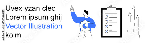 Business strategy, workflow management, productivity tracking, goal setting, progress analysis, and success. Person with gear icon and checklist. Business strategy and workflow management concept