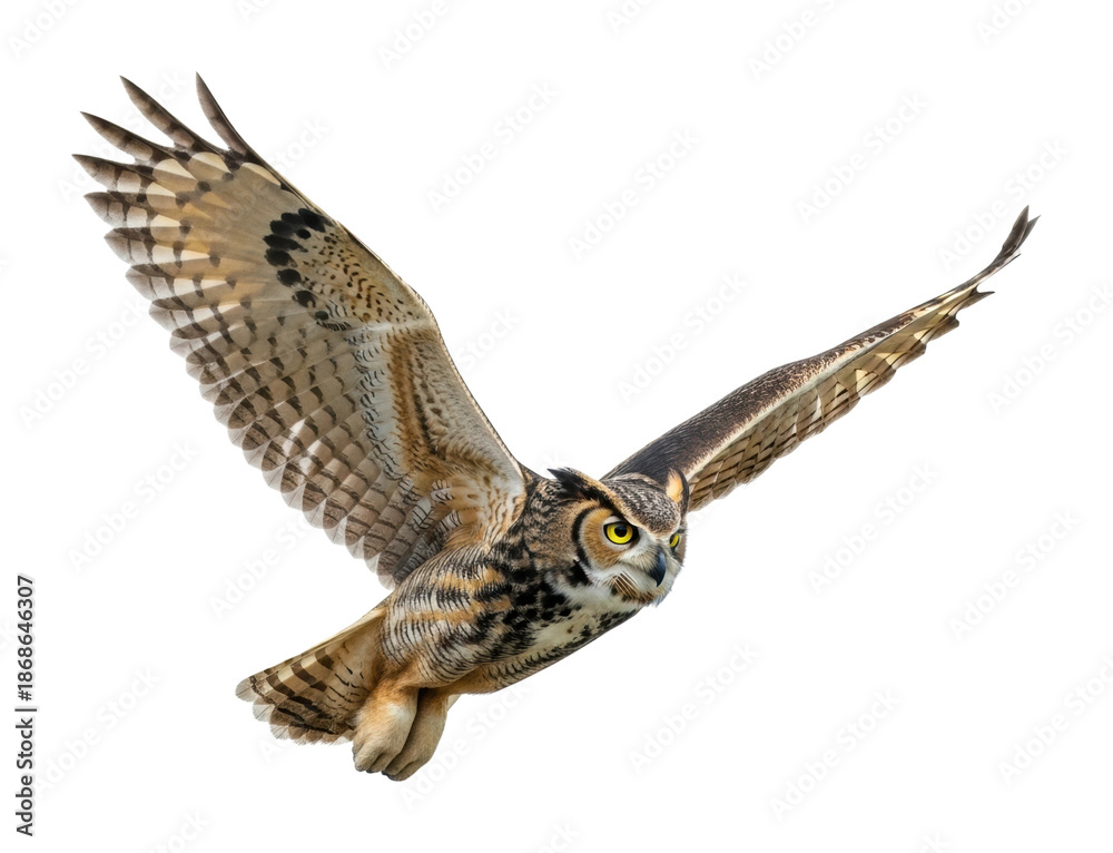 Fototapeta premium Majestic owl in flight captured in nature wildlife isolated on transparent background