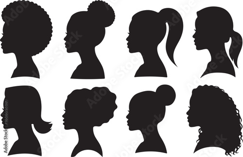 Set of silhouette afro girl. Collection of black woman face with stylized hairstyle. Vector illustration of girl head with stylized haircut