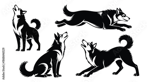 A set of four black and white wolf silhouettes captured in dynamic poses including howling and running