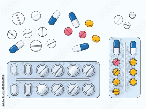 Various loose and packaged pills and capsules scattered on a light background