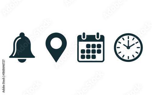 Collection of essential icons for reminders, location, calendar events, and time management