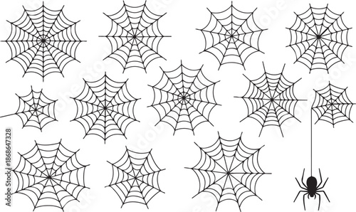 Set of web silhouettes. Spider web collection for halloween. Black and white illustration of elements for decor for the celebration of Halloween