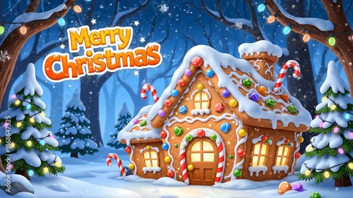 Magical Christmas Gingerbread House in Snowy Forest with Decorations