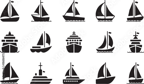 Ship and marine boat black silhouette set