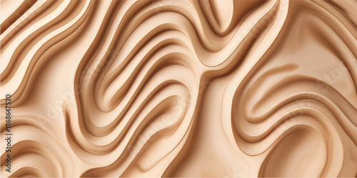 Smooth dark melted chocolate background with liquid cream swirls and flowing silk waves creates a soft brown satin texture design for a luxury food wallpaper illustration