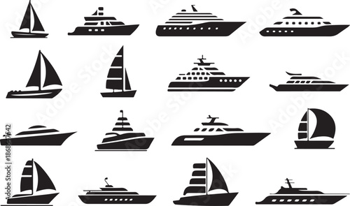 Ship and marine boat black silhouette set