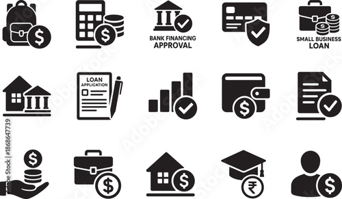 Loan and financing vector icon set with credit score, home, education, business, personal money.