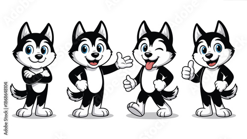 A wonderful array of four cartoon husky dog figures showcasing various enthusiastic poses