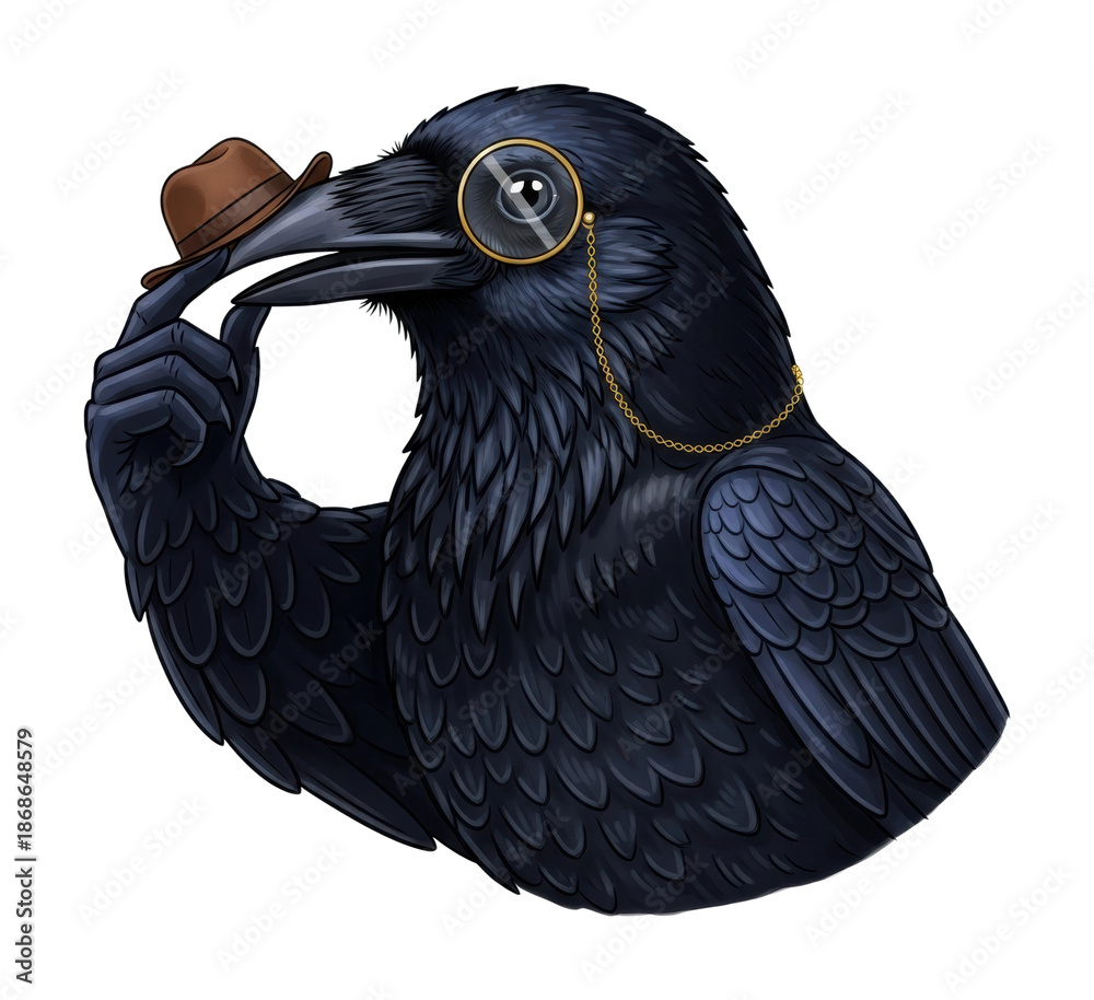 Fototapeta premium Raven wearing hat and glasses whimsical digital isolated on transparent background