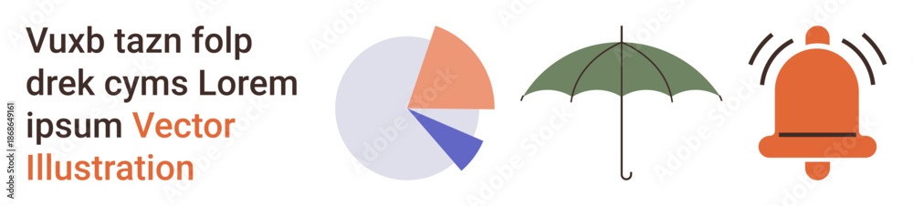 Fototapeta premium Data visualization, risk management, security alerts, protection, unpredictability, business analytics. Pie chart, umbrella and alert bell icons. Data visualization and risk management concept