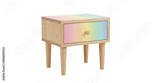 Modern wooden nightstand with rainbow drawer and top isolated on transparent background