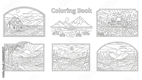 Collection of six intricate landscape line art illustrations for a coloring book, Generative AI.