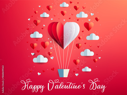 Beautiful paper cut heart. Valentine paper craft design. Happy Valentine's Day poster with paper cut hearts. Decorative paper cut hearts. Card template with modern paper cut style, typography design