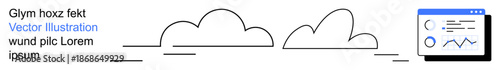 Cloud computing, technology services, data analysis, web interface, digital solutions, process management. Minimal cloud shapes and analytic dashboard. Cloud computing and technology services concept