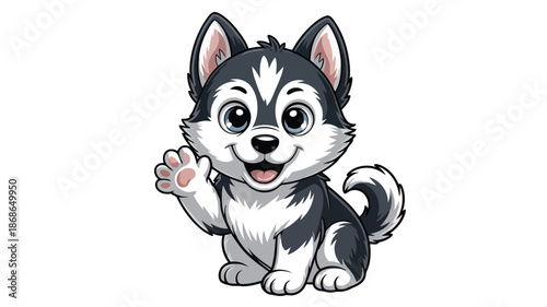 Adorable little husky puppy with bright blue eyes sitting and waving its tiny paw happily