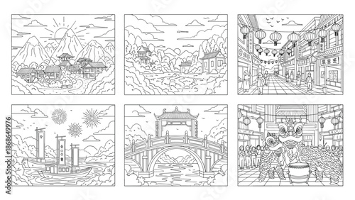Collection of six detailed line art illustrations depicting traditional Chinese scenes and architecture, Generative AI.