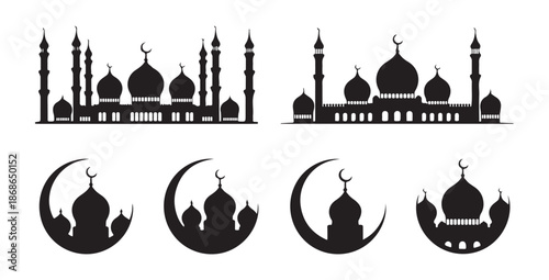 Set of islamic silhouettes including mosque domes and crescent moon elements for ramadan celebration