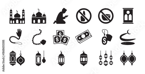 Islamic symbols and icons collection mosques prayer beads lanterns and Arabic calligraphy for Ramadan celebration design