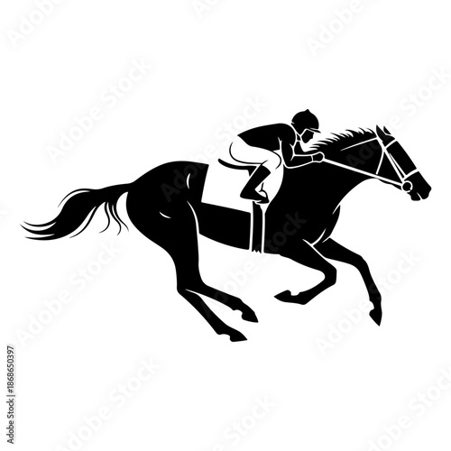 Silhouette of a racehorse and jockey galloping, elegant black and white vector illustration, dynamic motion
