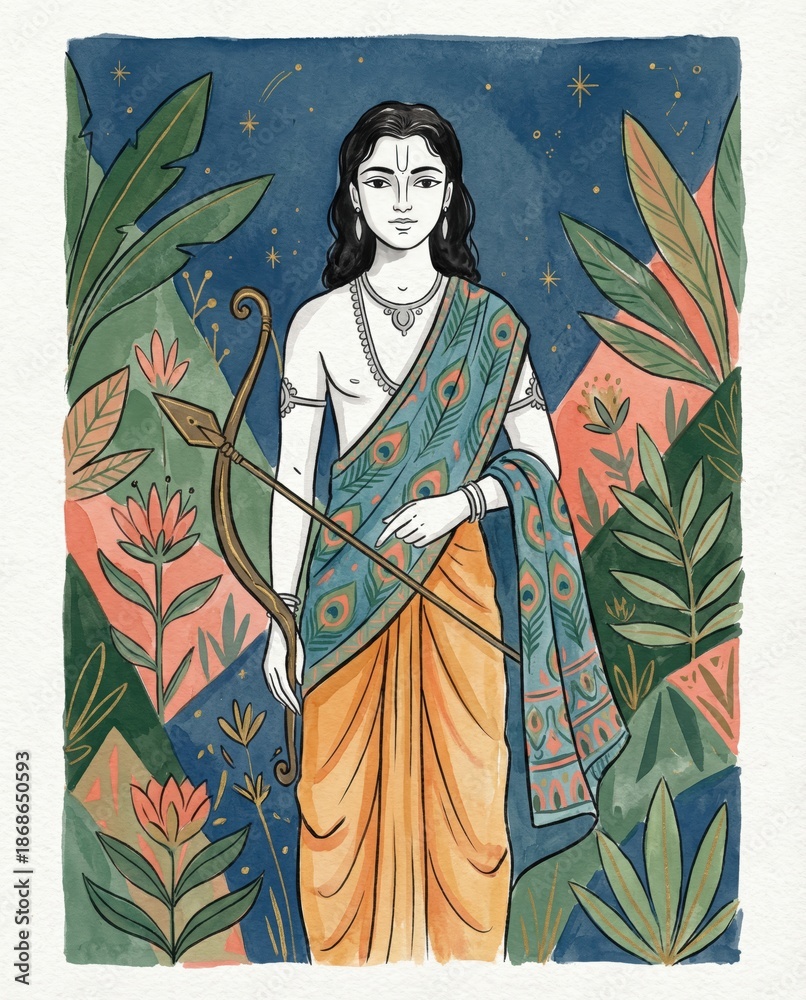 Fototapeta premium Lord Rama Standing with Bow and Arrow Amidst Lush Jungle and Starry Sky