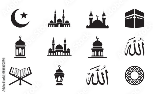 Islamic worship icons crescent star mosque kaaba lantern quran calligraphy arabic faith architecture vector symbols pack