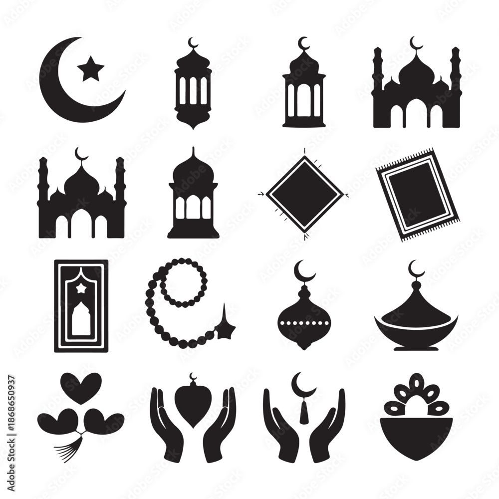 Fototapeta premium Islamic cultural symbols and traditional motifs collection on white background vector art