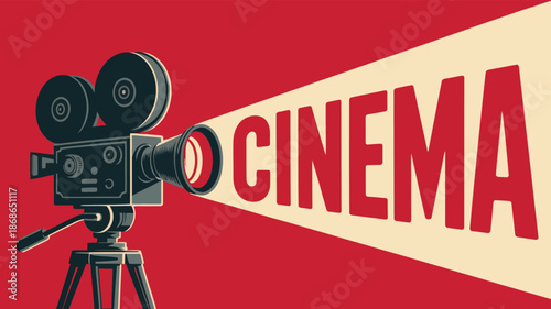 An old fashioned movie camera with film spools creates a light beam showing the bold word CINEMA