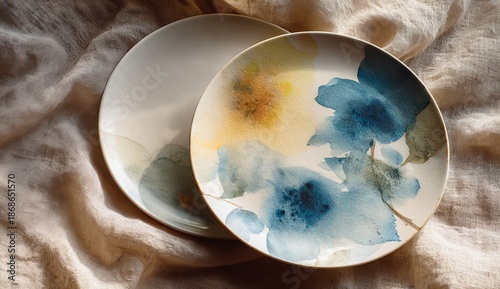 Two decorative plates with abstract floral watercolor patterns