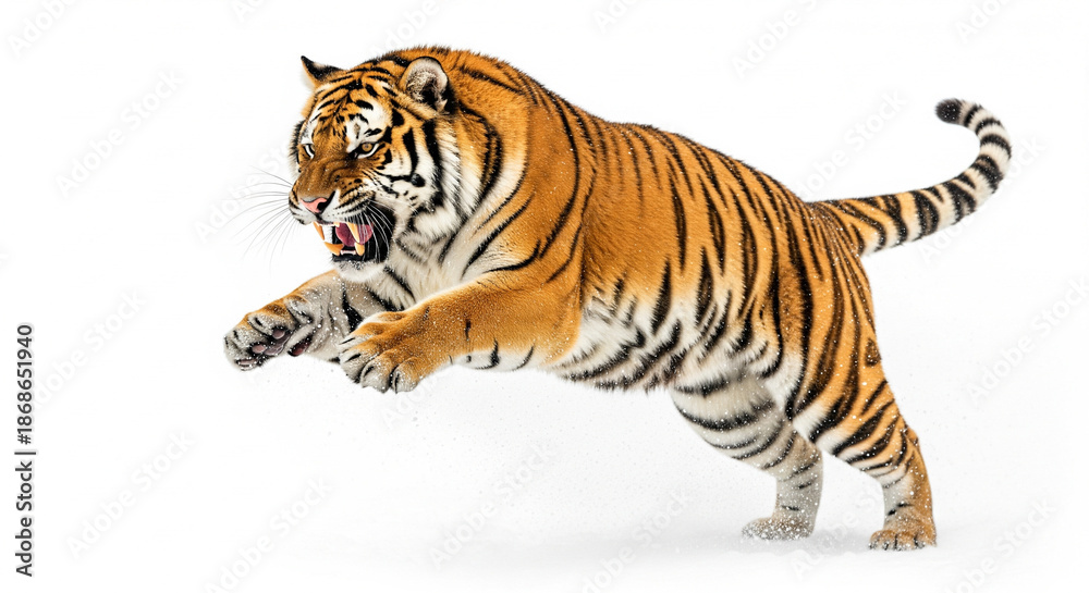 Obraz premium Majestic Bengal tiger captured in a powerful, dynamic mid-air leap, showcasing its fierce snarl and striped fur, embodying raw wild strength and agility