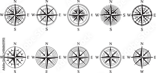 Vintage compass. Nautical wind rose, compasses for travel map, vintage marine navigation arrow symbols, retro outline vector set. Compass travel, old wind rose for sea adventure illustration