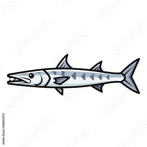 Vector illustration of a blue shark and marine fish isolated on a white background, featuring a silhouette of aquatic wildlife including a tuna and marlin in a clean cartoon art style