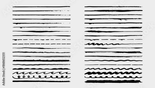 Straight line vector brush strokes. Black hand drawn stripes, smears. Chinese or Japanese calligraphy brushstrokes set. Rough grunge thick paint line texture. Vector sketch rectangle text boxes