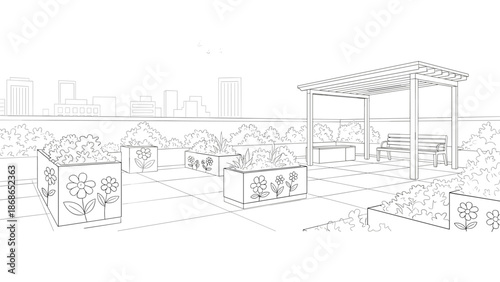 Outdoor garden planters with decorative designs and a covered seating area, Generative AI.