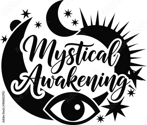 Mystical Awakening Eye Sun Moon Vector Black Hand Drawn Typography Logo Emblem Badge Icon Silhouette Vintage Retro Graphic Spiritual Vision Universe Magic