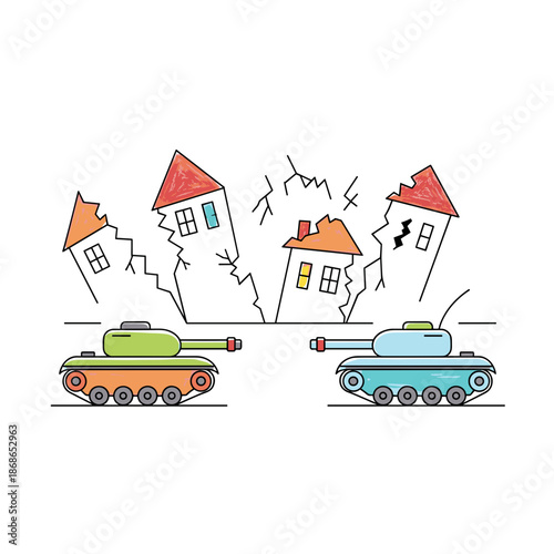 Cartoon tanks facing each other with damaged houses in background  