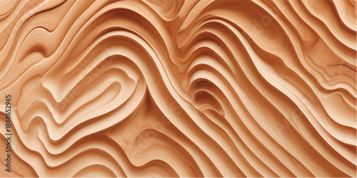 Abstract layered wooden waves form flowing pattern. Light beige, brown tones create natural texture background. Soft lighting highlights organic surface. Modern aesthetic offers calming visual for