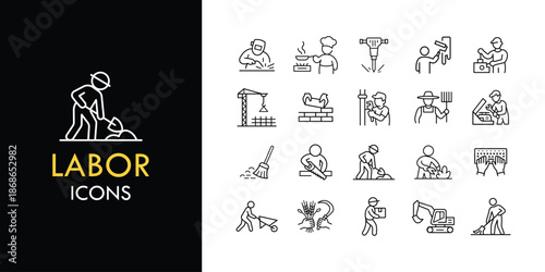 Labor line icon set, outline web icon collection containing Worker, Tools, Factory and more, vector illustration in line style