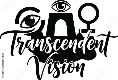 Transcendent Vision Pyramid Eye Rays Vector Black Hand Drawn Typography Logo Emblem Badge Icon Silhouette Vintage Retro Graphic Wisdom Spiritual Secret Mind