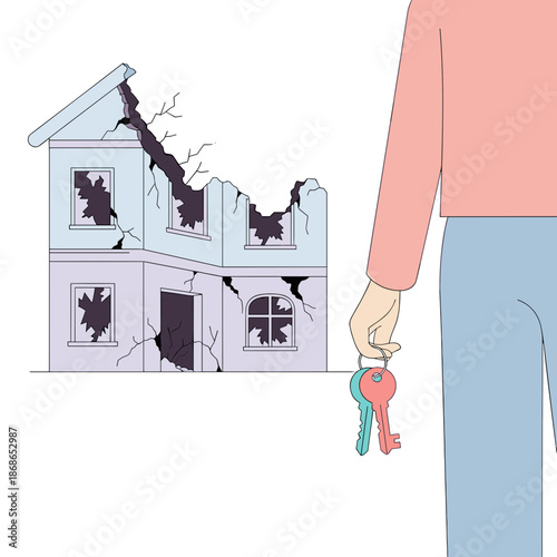 Person holding keys in front of a damaged house with cracks  